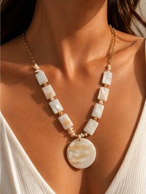 Gold Chain Necklace with Cream Mother-of-Pearl Discs and Round Pendant